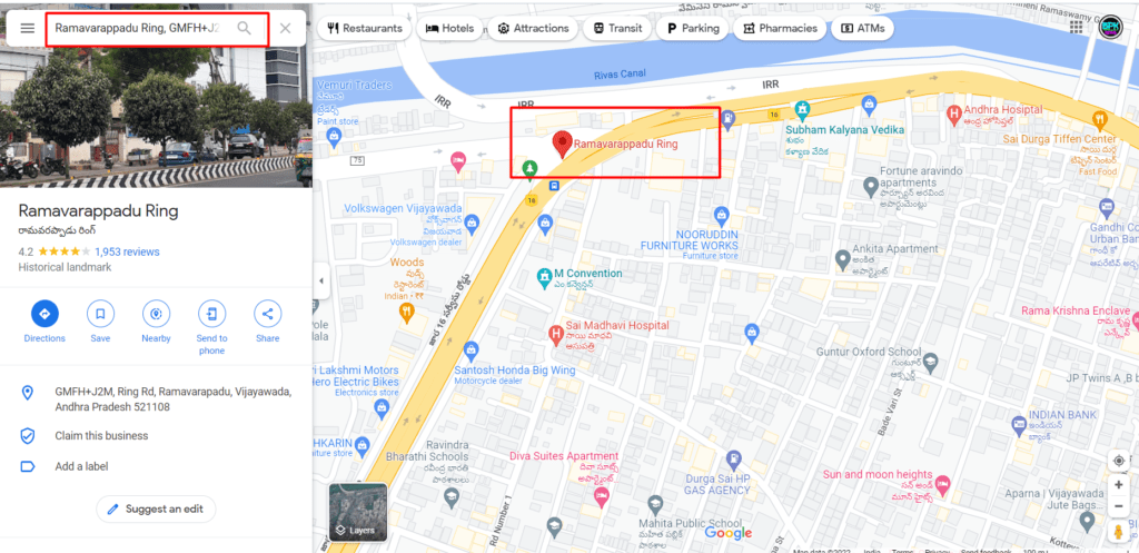 Google Map Search bar location entered