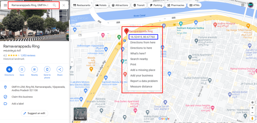 Google Map Search bar location entered & find Latitude and Longitude