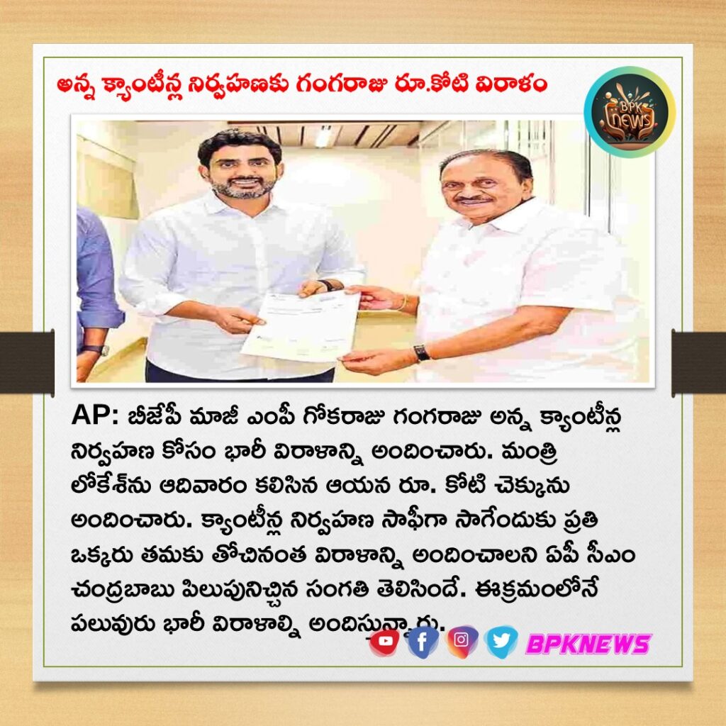 అన్న క్యాంటీన్ల నిర్వహణకు మాజీ ఎంపీ గోకరాజు గంగరాజు రూ.కోటి విరాళం